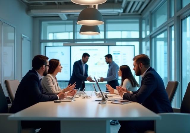 会議室でブレーンストーミングを行うコンサルタントチーム