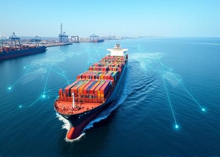 コンテナ船と物流ネットワークの図